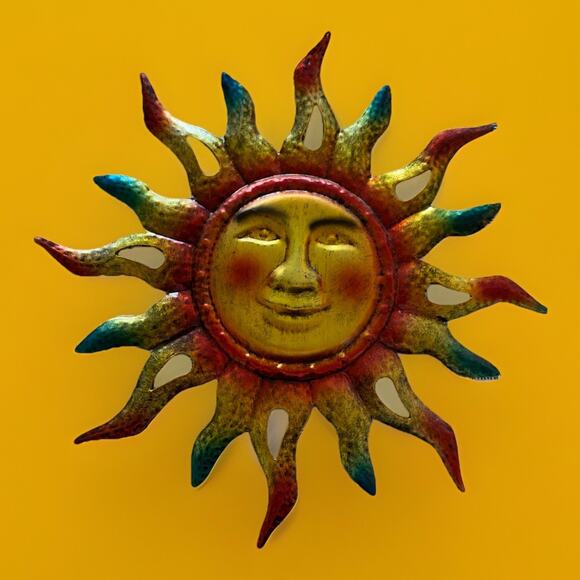 Iridescent Metal Sun Wall Art, Hand-Painted 14.25”D + Hanging Wind Chime 13" T - Picture 2 of 4